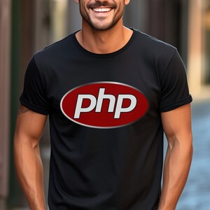 May include: A black t-shirt with a red oval logo that says "php" in white letters.