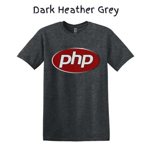 May include: Dark heather grey t-shirt with a red oval logo that says "php" in white letters.