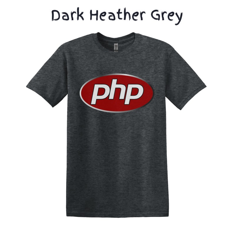 May include: Dark heather grey t-shirt with a red oval logo that says "php" in white letters.