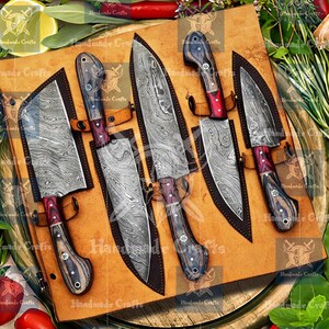 Hand Forged Black Chef Knife Set, Custom Handmade Damascus Steel Japanese Kitchen Cooking Steak knives Set, Wedding Anniversary Gift for Him