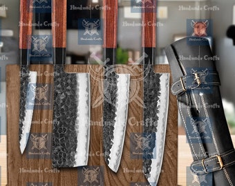 Hand geschmiedet Koch Messer Set, Kundenspezifische RoewoodDamaszener Stahl Japanische Küche Kochen Steakmesser Set mit Lederrolle Tasche Geschenk für ihn und Männer