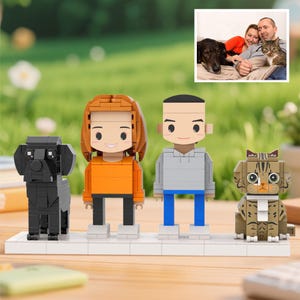 Custom Brick Figure Set of 2 People, 1 Dog and 1 Cat from Photo, Personalized Pet Family Gift, Couple Keepsake for Animal Lovers Display