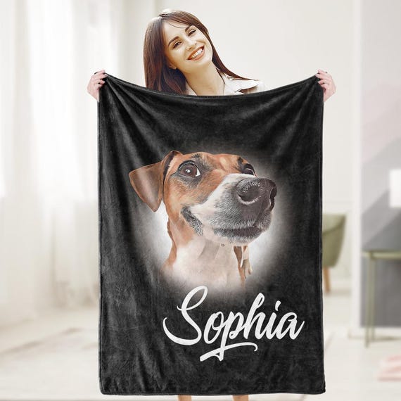 Custom Pet Portrait Blanket With Name, Personalized Dog Photo