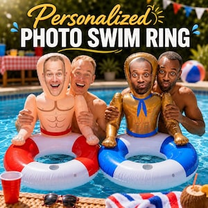 Puede incluir: Dos flotadores inflables con fotos personalizadas de rostros masculinos. Un flotador es rojo y blanco con un torso color carne, el otro es azul y blanco con un torso dorado. El texto dice: Personalized PHOTO SWIM RING.