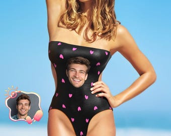 Custom Face Strapless Swimsuit for Women, Personalized Heart Print Bathing Suit, Cute Summer Gift for Her, Funny One Piece Swimwear