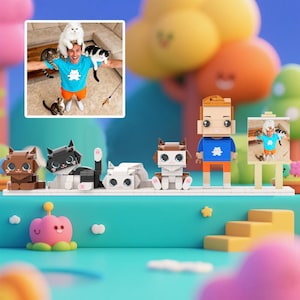 Custom Brick Figure Set of 1 Person & 4 Cats, Full-Body Block Figurines with Photo Frame