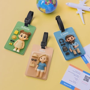 May include: Three luggage tags with cartoon figures, each with a different name: Adela, Mia, and Liam. The tags are green, peach, and blue, with black straps. Travel-themed accessories are also included on each tag.