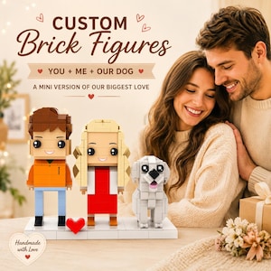 Custom Brick Figures: Personalized Couple and Dog Figurine Set