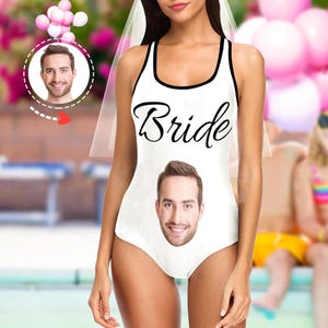 Custom Face Bride Swimsuit for Women, Personalized One Piece Bathing Suit with Name, Funny Bachelorette Swimwear, Summer Gift for Her