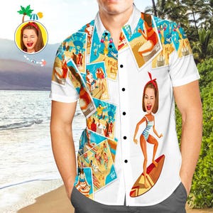 Custom Face Hawaiian Shirt for Men, Funny Retro Beach Postcard Print Personalized Summer Gift, Unique Photo Vacation Shirt