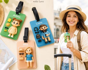 Gepersonaliseerde cartoonbagagelabel, aangepast ID-label voor reizen met 3D-effect