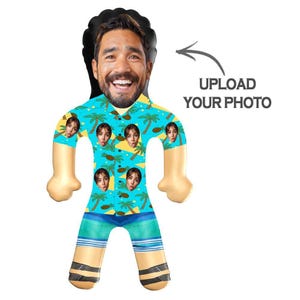 Boneca inflável personalizada com rosto impresso, design de coqueiro e abacaxi, homem inflável engraçado personalizável para lembrancinhas e eventos