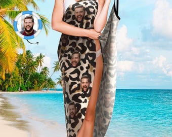 Custom Face Leopard Print Beach Cover Up for Women, Personalized Swimsuit Wrap Dress, Funny Bikini Coverup Gift for Her, Summer Pool Outfit