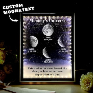 Caja de luz con fases lunares personalizada, regalo personalizado de luna de nacimiento para mamá, marco iluminado para el Día de la Madre, recuerdo del Universo de Mamá