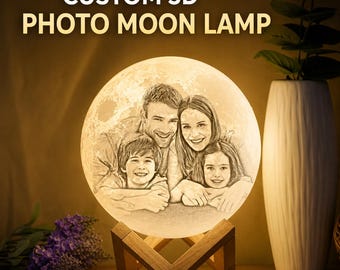 Custom 3D Photo Moon Lamp: Personalized Lunar Night Light with Wood Stand