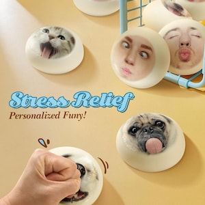 May include: A collection of round stress relief toys with various faces, including a cat, a pug, and human faces. The toys are white with the faces printed on them. The text "Stress Relief" and "Personalized Funy!" is also visible.