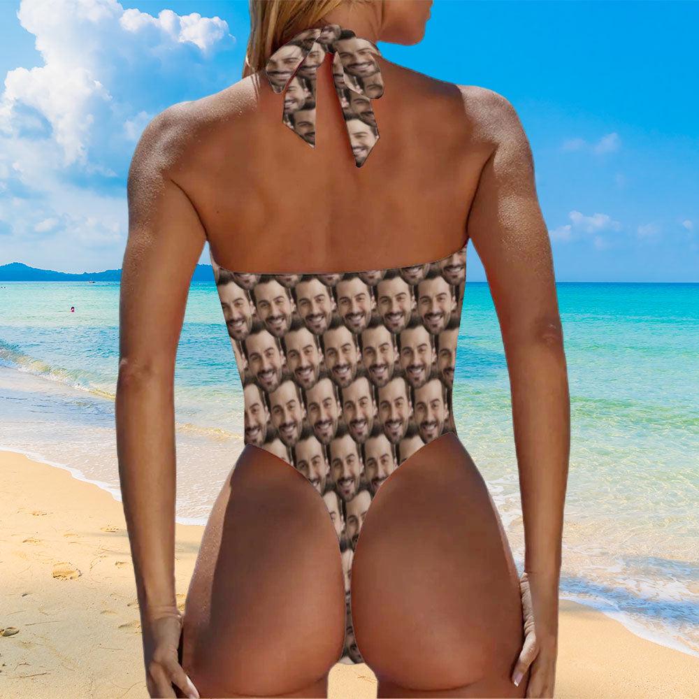 Custom Face One-Piece Swimsuit for Women, Sexy Personalized Halter Bathing Suit, Funny Summer Gift for Her, Unique Swimwear for Beach
