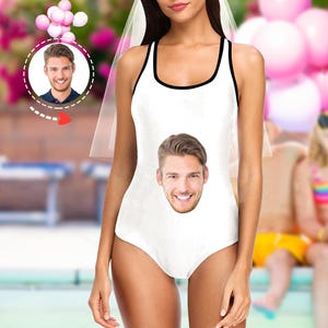 Custom Face Swimsuit for Women, Personalized One Piece Bathing Suit, Funny Bachelorette Gift, U Back Swimwear for Her, Summer Pool Outfit