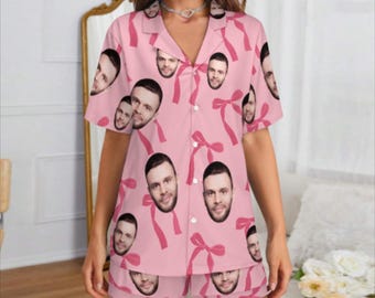 Custom Two Face Pajama Set, Short Sleeve Button Sleepwear, Bow Print Lounge Outfit