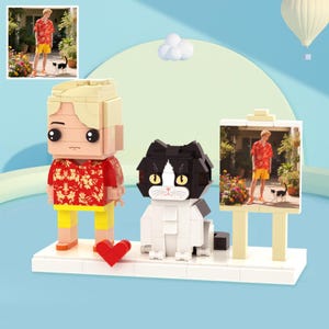 Custom Brick Figure with Cat and Frame, Personalized Full Body Mini Figure Gift for Cat Lovers, Pet Memorial Gift, Anniversary Display