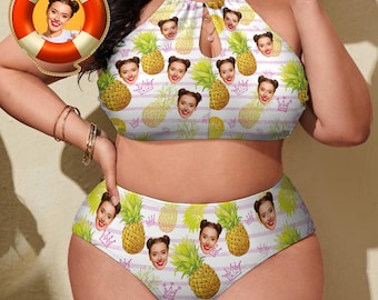 Custom Plus Size Face Bikini, Personalized Pineapple Swimsuit for Women, Funny Photo Swimwear, High Waist Summer Gift for Her