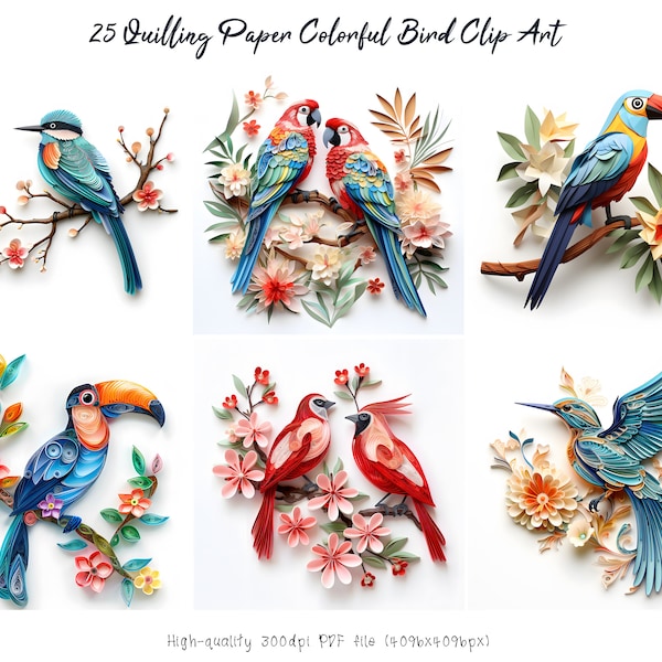 25 Quilling Birds Colorful Clip Art Digital Downloads | Floral Paper Art | Paper Craft Decor, mothers day card