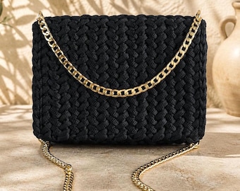 Black Crochet Evening Clutch – Handmade Elegant Purse with Gold Chain Strap, Minimalist Formal Bag
