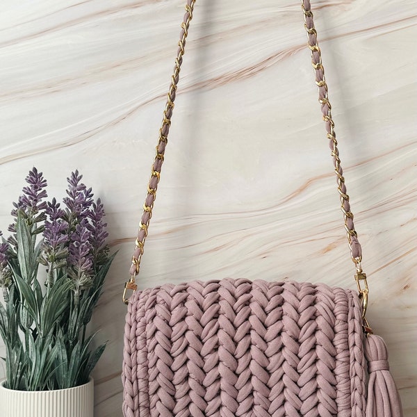 Crochet Bag, Luxury Knit Shoulder Bag, Gold Chain Handbag, Hand Woven Crossbody Bag, Cotton Yarn Purse,Bag for Women gifts for her