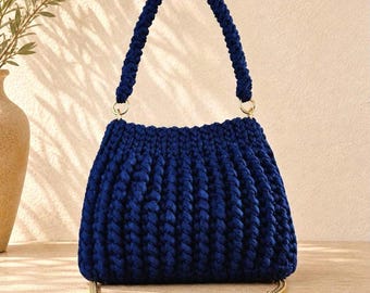 One of a Kind Navy Crochet Bag – Unique Handmade Shoulder Purse, Minimalist Statement Handbag