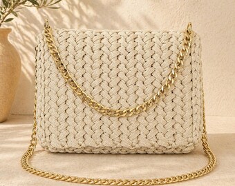 Beige Crochet Clutch – Handmade Evening Bag with Gold Chain, Minimalist Statement Purse