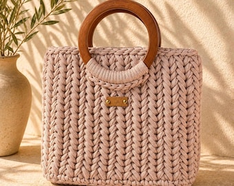 One of a Kind Crochet Bag – Handmade Crossbody Purse with Wooden Handles, Minimalist Boho Handbag