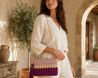 One of a Kind Crochet Clutch Bag, Pink Purple Crossbody Purse, Gold Chain Boho Handbag