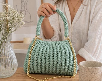 Mint Green Crochet Bag, Handmade Shoulder Purse, Luxury Knit Handbag, Gift for Her