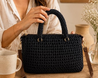 One of a Kind Black Crochet Tote Bag – Handmade Knit Purse with Shoulder Strap