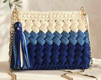Capri Ombre Blue Crossbody Purse, One of a Kind Woven Bag with Gold Chain