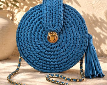 Round Crochet Crossbody Bag – Handmade Circle Purse with Gold Chain, Boho Chic Summer Handbag