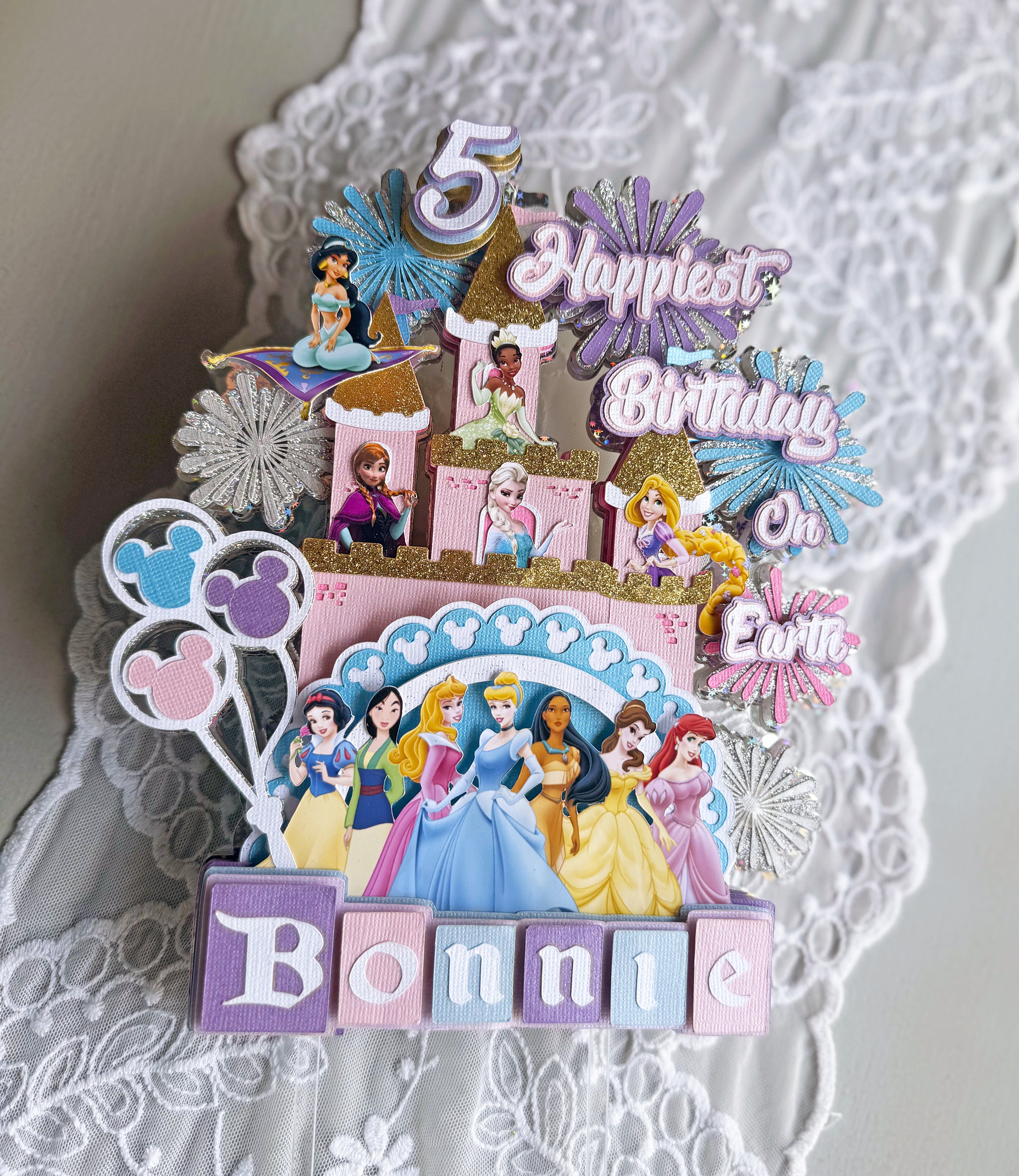 3D Inspired  Princess Cake Topper with 6 mini lights, With Custom name and age. Princess cake topper  is my own Personal Design
