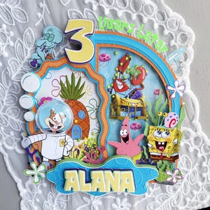 Sponge Cake Topper, 2 Sided Shaker, clear plastic dome for Sandy&#39;s underwater helmet. Add name and age,