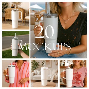 May include: White insulated tumbler with a handle and a straw. The tumbler has a silver lid and a white body. The image includes the text "20 MOCKUPS". The tumbler is shown in various settings.