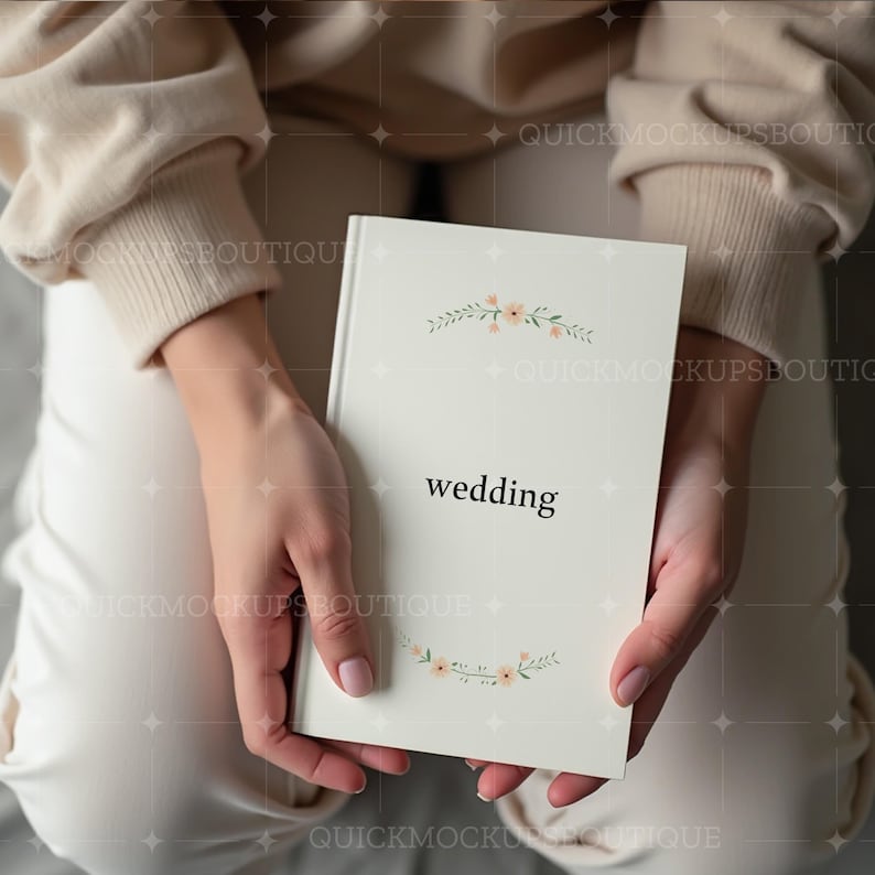 May include: A white book with a floral design and the word "wedding" printed on the front. The book is being held by a person wearing a white shirt.