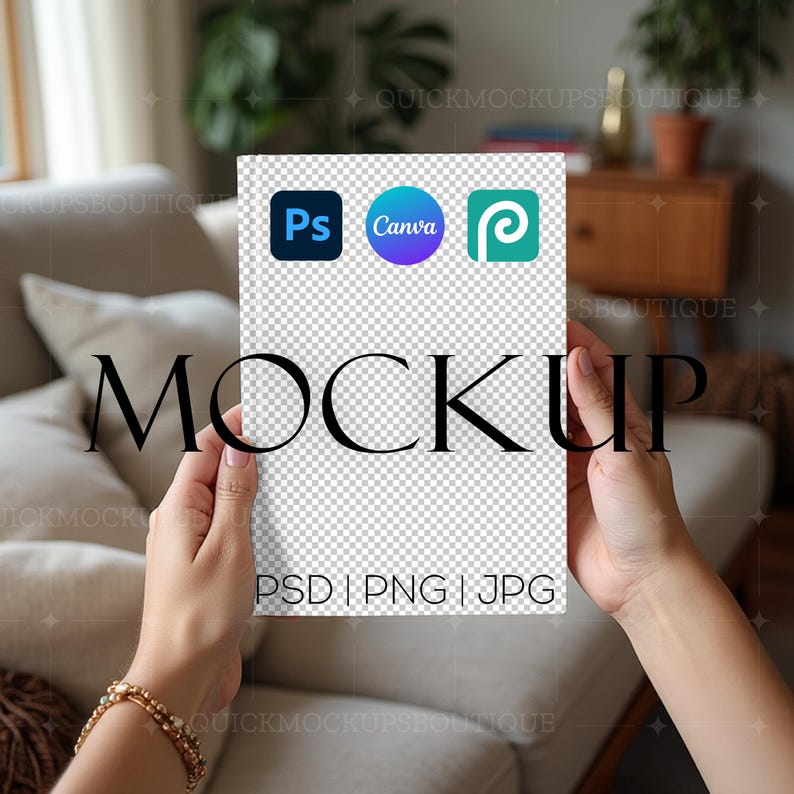 May include: A white mockup template with the text "MOCKUP" in black, and the logos for Photoshop, Canva, and a generic design app. The text "PSD | PNG | JPG" is also included. The template is being held by a person's hands.