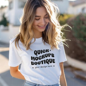 White Gildan 5000 T-shirt, Female Tshirt Mockup Trendy Shirt Mockup, Summer Mockup, Female Tee Mock, White T-Shirt Mockup, Tshirt Beach