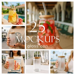 May include: 25 Mockups glass can. A set of 25 glass can mockups with different backgrounds and props. The cans are frosted glass with a wooden lid and a reusable straw.