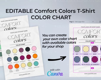 May include: Editable colour chart template for Comfort Colors T-shirts. The chart features a variety of colours, including Ray, Banana, Berry, Black, Blossom, Blue Jean, Blue Spruce, Boysenberry, Brick, Bright Orange, Burnt Orange, Butter, Celadon, Chalky Mint, and more. The chart is designed to be used with Canva.