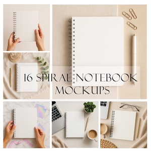Puede incluir: Una colección de 16 cuadernos de espiral en diferentes entornos. Los cuadernos son blancos con páginas en blanco y son perfectos para tomar notas, llevar un diario o hacer bocetos. Los cuadernos se muestran en diferentes entornos, incluyendo un escritorio, una mesa y una cama.