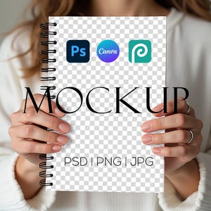 May include: A white spiral notebook mockup with the text "MOCKUP" and the logos for Photoshop, Canva, and a design app. The text "PSD | PNG | JPG" is at the bottom of the notebook.