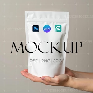 Mockup de bolsa para alimentos PSD Canva Blank Mylar Bag Mockups JPG | Mockup de bolsa | Mockup de bolsa branca resselável Embalagem Zip pouch