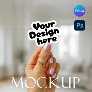 Mockup sticker met vrije vorm Hand met sticker sticker Mockup labelmodel, stickermodel op maat, stickermodel vrije vorm, stickermodel gratis vorm PSD Canva