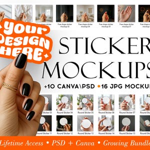 Lot de maquettes d'autocollants : tenue à la main, ronde et forme libre (fichiers PSD, Canva, JPG)
