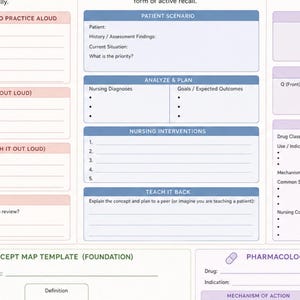 Puede incluir: Una hoja de trabajo educativa blanca y azul titulada "Teach & Apply" con secciones para escenarios de pacientes, intervenciones de enfermería y farmacología. La hoja de trabajo incluye secciones para completar y indicaciones para la recuperación activa y la cartografía conceptual.
